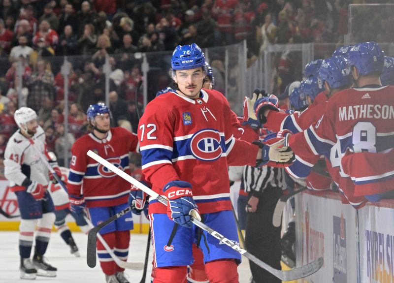 Feb 17, 2024; Montreal, Quebec, CAN; Montreal Canadiens defenseman Arber Xhekaj (72) celebrates with teammates after scoring a goal against the Washington Capitals during the first period at the Bell Centre. Mandatory Credit: Eric Bolte-USA TODAY Sports