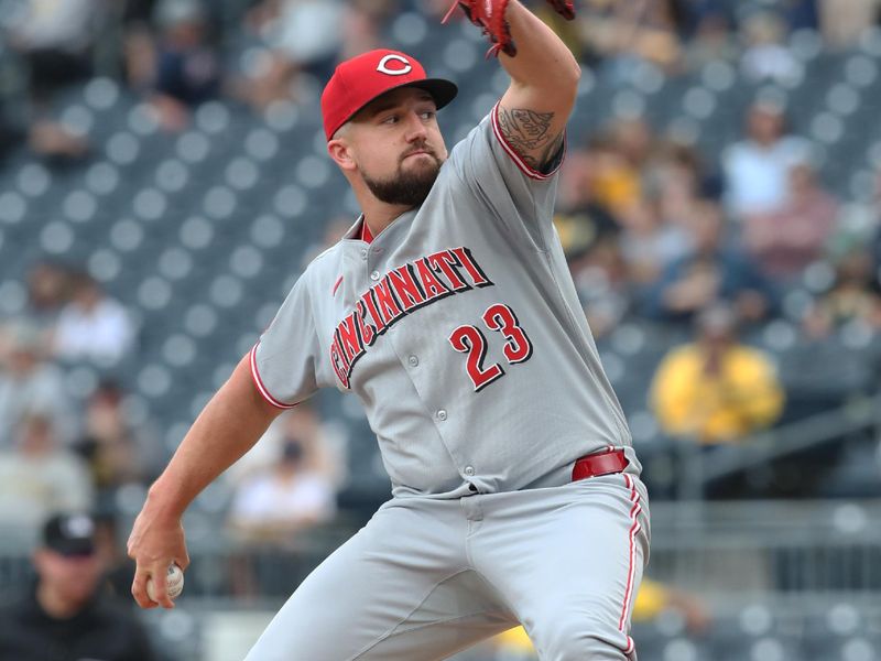May 21, 2025; Pittsburgh, Pennsylvania, USA;  Cincinnati Reds relief pitcher Graham Ashcraft (23) pitches against the Pittsburgh Pirates during the eighth inning at PNC Park. Mandatory Credit: Charles LeClaire-Imagn Images
