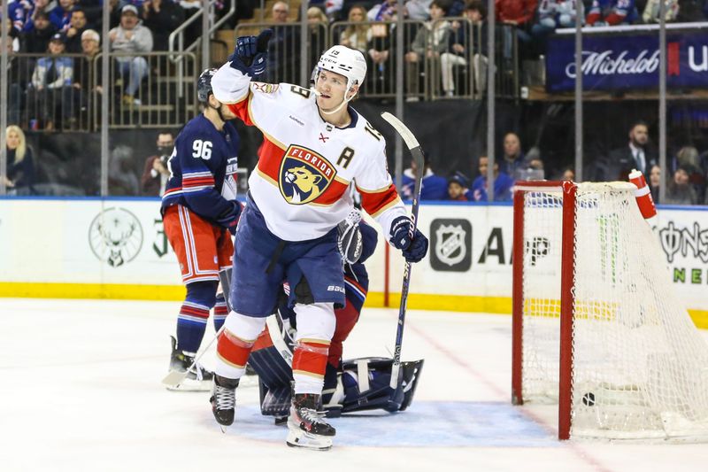 Mar 23, 2024; New York, New York, USA; Florida Panthers left wing Matthew Tkachuk (19) celebrates after scoring a goal in the first period against the New York Rangers at Madison Square Garden. Mandatory Credit: Wendell Cruz-USA TODAY Sports