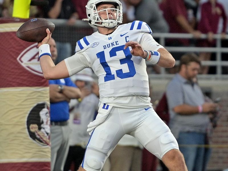 Oct 21, 2023; Tallahassee, Florida, USA; Duke Blue Devils quarterback Riley Leonard (13) warms up before the game against the Florida State Seminoles at Doak S. Campbell Stadium. Mandatory Credit: Melina Myers-USA TODAY Sports