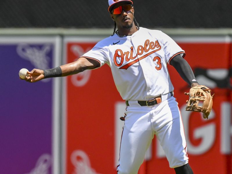 May 2, 2024; Baltimore, Maryland, USA;  Baltimore Orioles second baseman Jorge Mateo (3) throws to first base during the first inning against the New York Yankees at Oriole Park at Camden Yards. Mandatory Credit: James A. Pittman-USA TODAY Sports