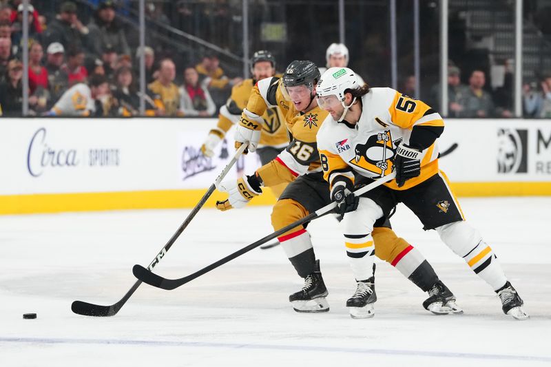 Jan 20, 2024; Las Vegas, Nevada, USA; Pittsburgh Penguins defenseman Kris Letang (58) tips the puck from Vegas Golden Knights left wing Pavel Dorofeyev (16) during the first period at T-Mobile Arena. Mandatory Credit: Stephen R. Sylvanie-USA TODAY Sports