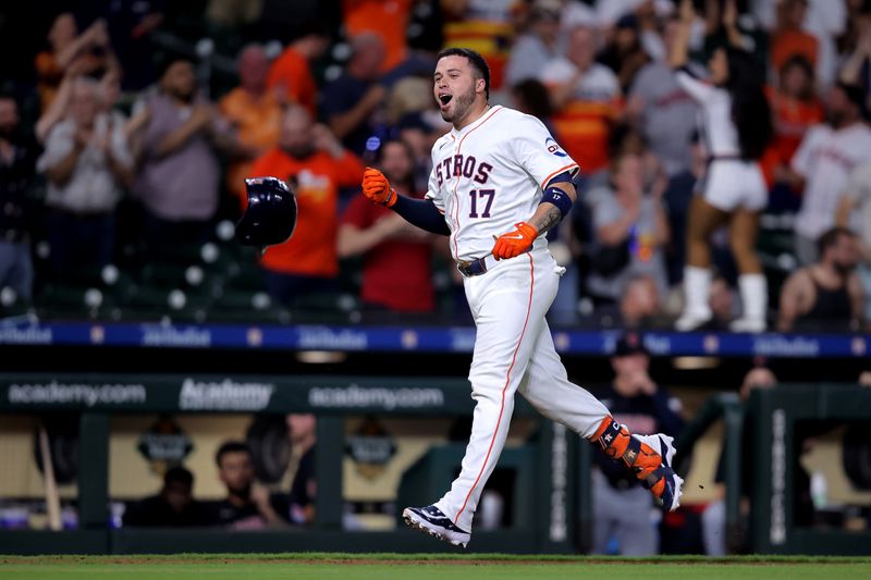 Apr 30, 2024; Houston, Texas, USA; Houston Astros catcher Victor Caratini (17) reacts after hitting a walkoff home run against the Cleveland Guardians during the tenth inning at Minute Maid Park. Mandatory Credit: Erik Williams-USA TODAY Sports