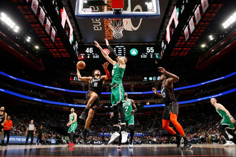 DETROIT, MI - MARCH 22: Cade Cunningham #2 of the Detroit Pistons drives to the basket during the game against the Boston Celtics on March 22, 2024 at Little Caesars Arena in Detroit, Michigan. NOTE TO USER: User expressly acknowledges and agrees that, by downloading and/or using this photograph, User is consenting to the terms and conditions of the Getty Images License Agreement. Mandatory Copyright Notice: Copyright 2024 NBAE (Photo by Brian Sevald/NBAE via Getty Images)