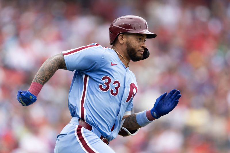 May 23, 2024; Philadelphia, Pennsylvania, USA; Philadelphia Phillies first base Bryce Harper (3) runs the bases after hitting a double during the fourth inning against the Texas Rangers at Citizens Bank Park. Mandatory Credit: Bill Streicher-USA TODAY Sports