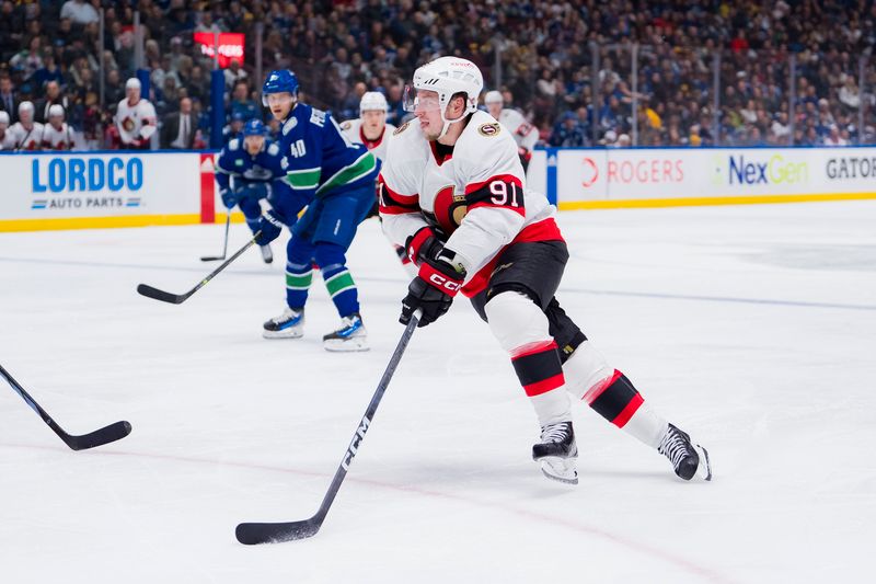 Jan 2, 2024; Vancouver, British Columbia, CAN; Ottawa Senators forward Vladimir Tarasenko (91) handles the puck against the Vancouver Canucks in the second period at Rogers Arena. Mandatory Credit: Bob Frid-USA TODAY Sports