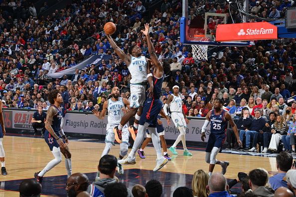 PHILADELPHIA, PA - DECEMBER 20: Anthony Edwards #5 of the Minnesota Timberwolves drives to the basket during the game against the Philadelphia 76ers on December 20, 2023 at the Wells Fargo Center in Philadelphia, Pennsylvania NOTE TO USER: User expressly acknowledges and agrees that, by downloading and/or using this Photograph, user is consenting to the terms and conditions of the Getty Images License Agreement. Mandatory Copyright Notice: Copyright 2023 NBAE (Photo by Jesse D. Garrabrant/NBAE via Getty Images)