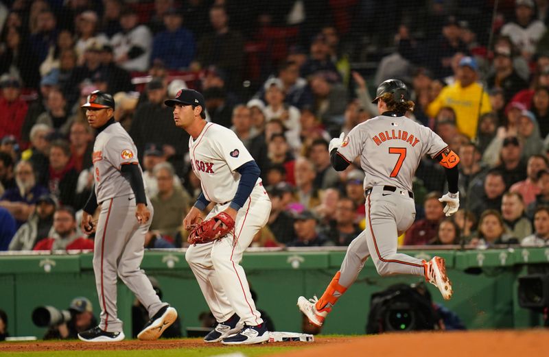 Apr 10, 2024; Boston, Massachusetts, USA; Baltimore Orioles second base Jackson Holliday (7) gets his first major league base hit against the Boston Red Sox in the fifth inning at Fenway Park. Mandatory Credit: David Butler II-USA TODAY Sports