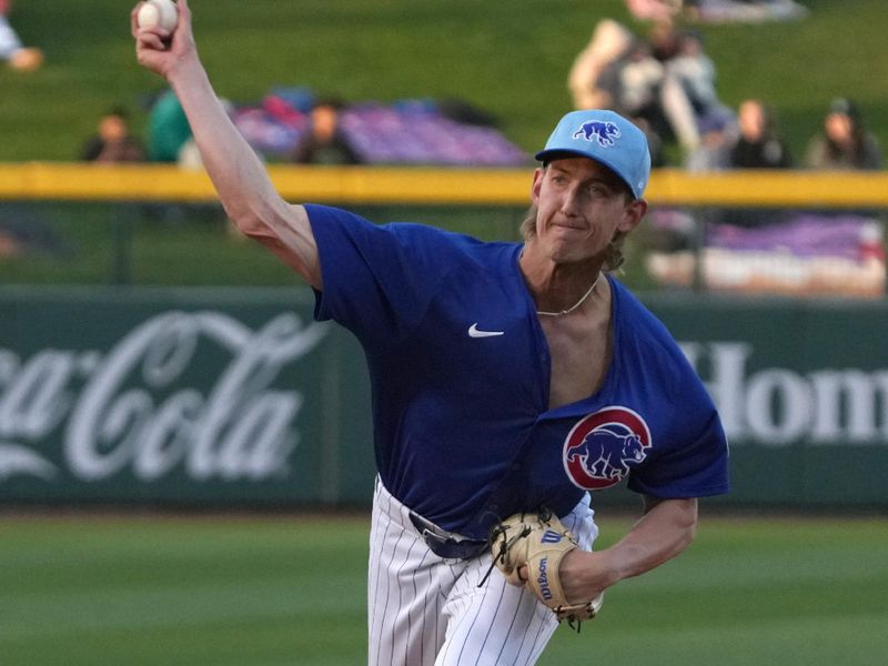 Mar 6, 2025; Mesa, Arizona, USA; Chicago Cubs pitcher Ben Brown (32) throws against the Kansas City Royals in the first inning at Sloan Park. Mandatory Credit: Rick Scuteri-Imagn Images