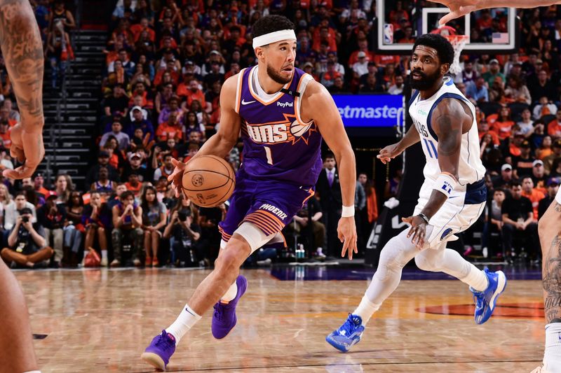 PHOENIX, AZ - OCTOBER  26: Devin Booker #1 of the Phoenix Suns dribbles the ball during the game against the Dallas Mavericks on October 26, 2024 at Footprint Center in Phoenix, Arizona. NOTE TO USER: User expressly acknowledges and agrees that, by downloading and or using this photograph, user is consenting to the terms and conditions of the Getty Images License Agreement. Mandatory Copyright Notice: Copyright 2024 NBAE (Photo by Kate Frese/NBAE via Getty Images)