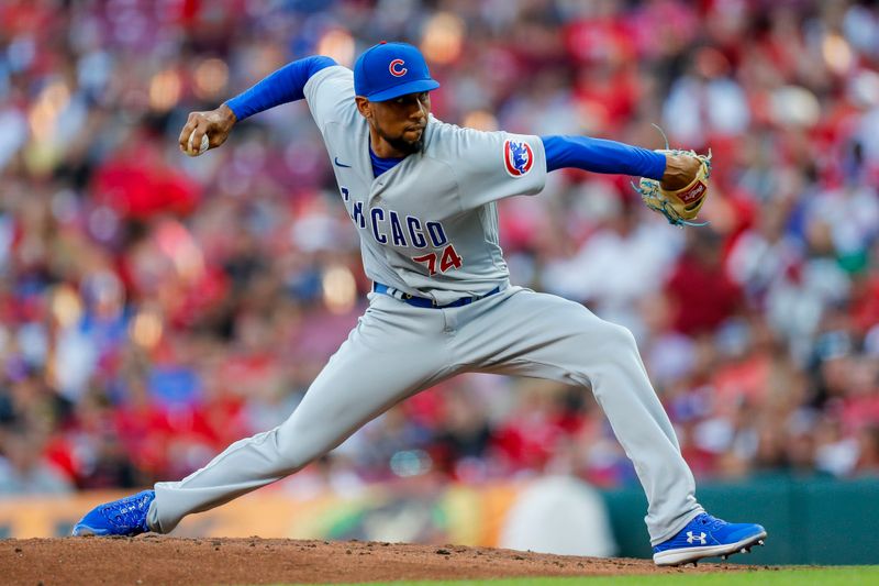 Sep 1, 2023; Cincinnati, Ohio, USA; Chicago Cubs starting pitcher Jose Cuas (74) pitches against the Cincinnati Reds in the first inning at Great American Ball Park. Mandatory Credit: Katie Stratman-USA TODAY Sports