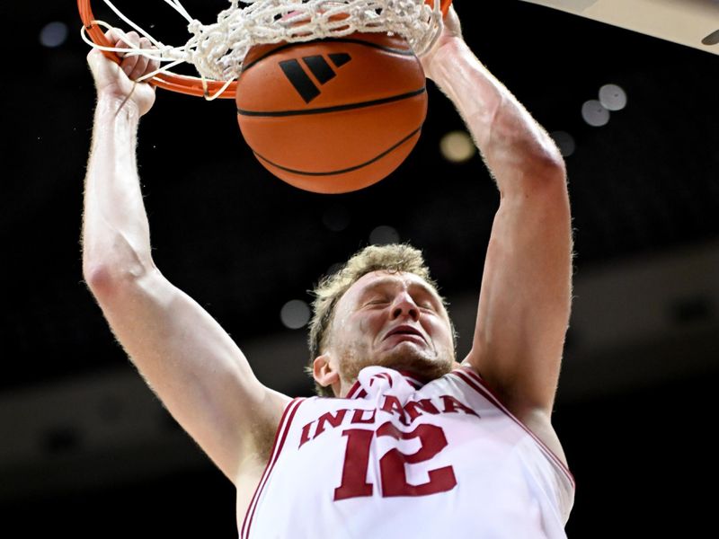 Mar 4, 2026; Bloomington, Indiana, USA; Indiana Hoosiers forward Tucker DeVries (12) dunks the ball against the Minnesota Golden Gophers during the first half at Simon Skjodt Assembly Hall. Mandatory Credit: Robert Goddin-Imagn Images