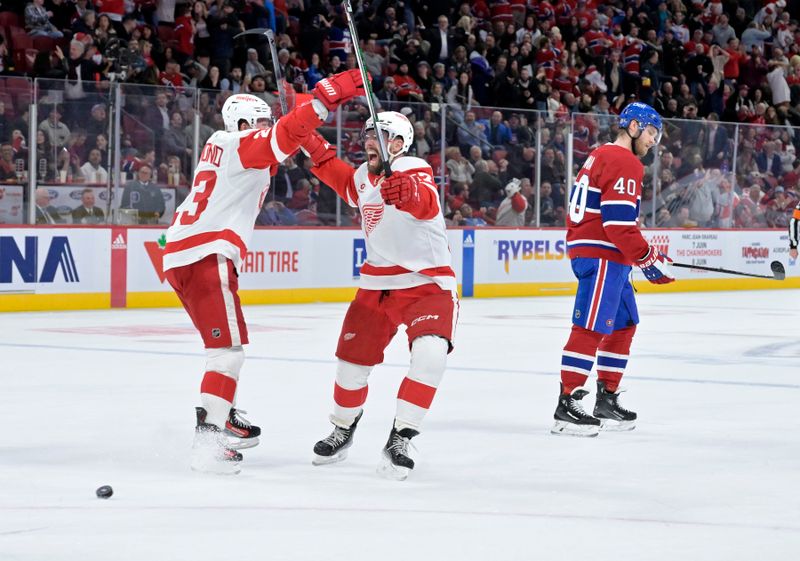 Apr 16, 2024; Montreal, Quebec, CAN; Detroit Red Wings forward David Perron (57) celebrates after scoring a goal against the Montreal Canadiens during the third period at the Bell Centre. Mandatory Credit: Eric Bolte-USA TODAY Sports