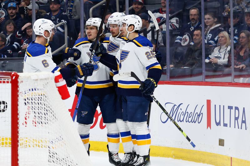 Feb 27, 2024; Winnipeg, Manitoba, CAN; St. Louis Blues forward Pavel Buchnevich (89) is congratulated by his team mates on his goal against the Winnipeg Jets during the first period at Canada Life Centre. Mandatory Credit: Terrence Lee-USA TODAY Sports