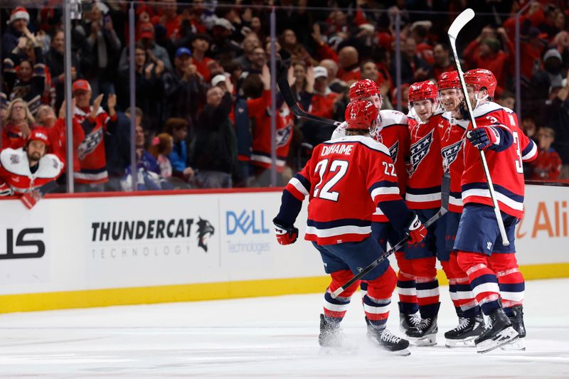 Nov 28, 2025; Washington, District of Columbia, USA; Washington Capitals defenseman Jakob Chychrun (6) celebrates with teammates after scoring the go ahead goal against the Toronto Maple Leafs during the third period at Capital One Arena. Mandatory Credit: Geoff Burke-Imagn Images