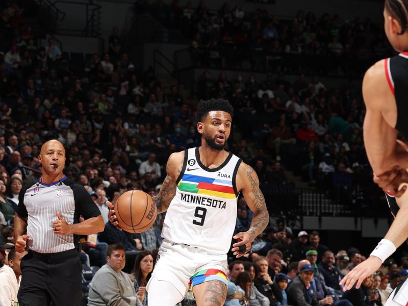 MINNEAPOLIS, MN -  APRIL 2: Nickeil Alexander-Walker #9 of the Minnesota Timberwolves drives to the basket during the game against the Portland Trail Blazers on April 2, 2023 at Target Center in Minneapolis, Minnesota. NOTE TO USER: User expressly acknowledges and agrees that, by downloading and or using this Photograph, user is consenting to the terms and conditions of the Getty Images License Agreement. Mandatory Copyright Notice: Copyright 2023 NBAE (Photo by David Sherman/NBAE via Getty Images)