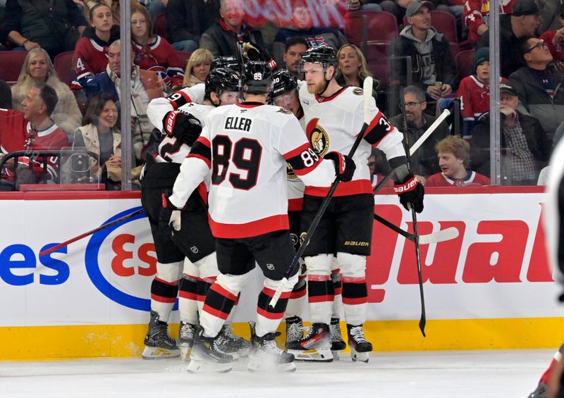 Nov 1, 2025; Montreal, Quebec, CAN; Ottawa Senators forward Drake Batherson (19) celebrates with teammates after scoring a goal against the Montreal Canadiens during the second period at the Bell Centre. Mandatory Credit: Eric Bolte-Imagn Images