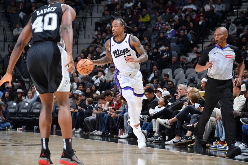 SAN ANTONIO, TX - DECEMBER 6:  DeMar DeRozan #10 of the Sacramento Kings handles the ball during the game against the San Antonio Spurs on December 6, 2024 at the Frost Bank Center in San Antonio, Texas. NOTE TO USER: User expressly acknowledges and agrees that, by downloading and or using this photograph, user is consenting to the terms and conditions of the Getty Images License Agreement. Mandatory Copyright Notice: Copyright 2024 NBAE (Photos by Michael Gonzales/NBAE via Getty Images)