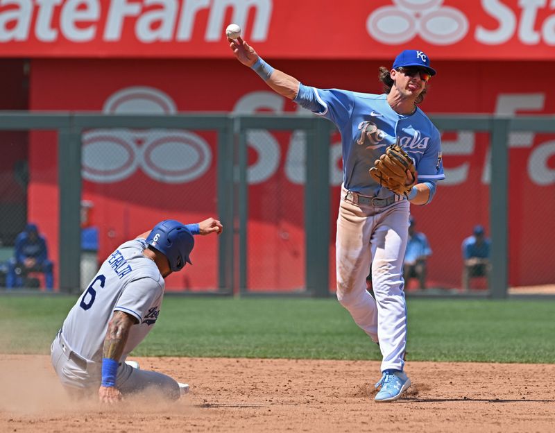 Jul 2, 2023; Kansas City, Missouri, USA;  Kansas City Royals shortstop Bobby Witt Jr. (7) throws to first base after forcing out Los Angeles Dodgers left fielder David Peralta (6) at second base in the sixth inning at Kauffman Stadium. Mandatory Credit: Peter Aiken-USA TODAY Sports