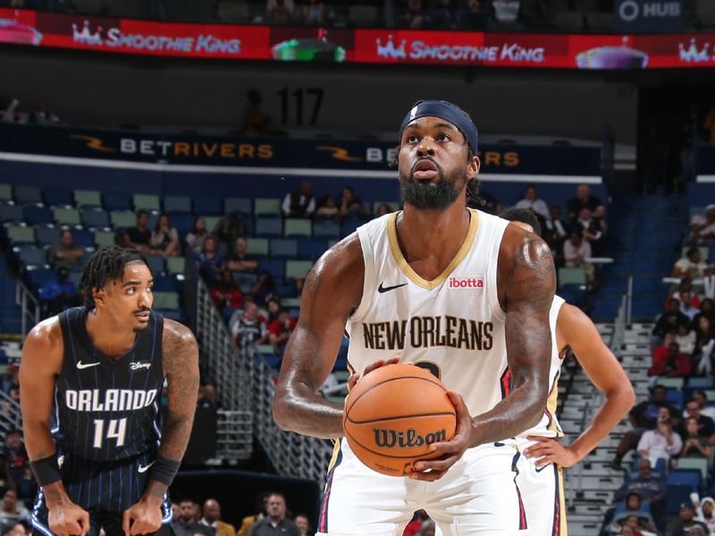 NEW ORLEANS, LA - OCTOBER 10: Naji Marshall #8 of the New Orleans Pelicans shoots a free throw during the game against the Orlando Magic on October 10, 2023 at the Smoothie King Center in New Orleans, Louisiana. NOTE TO USER: User expressly acknowledges and agrees that, by downloading and or using this Photograph, user is consenting to the terms and conditions of the Getty Images License Agreement. Mandatory Copyright Notice: Copyright 2023 NBAE (Photo by Layne Murdoch Jr./NBAE via Getty Images)