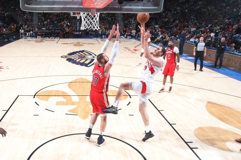 NEW ORLEANS, LA - FEBRUARY 5: Jakob Poeltl #19 of the Toronto Raptors shoots the ball during the game against the New Orleans Pelicans on February 5, 2024 at the Smoothie King Center in New Orleans, Louisiana. NOTE TO USER: User expressly acknowledges and agrees that, by downloading and or using this Photograph, user is consenting to the terms and conditions of the Getty Images License Agreement. Mandatory Copyright Notice: Copyright 2024 NBAE (Photo by Layne Murdoch Jr./NBAE via Getty Images)