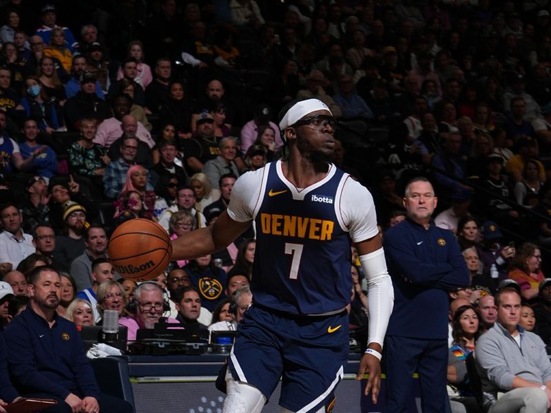 DENVER, CO - FEBRUARY 14: Reggie Jackson #7 of the Denver Nuggets dribbles the ball during the game against the Sacramento Kings on February 14, 2024 at the Ball Arena in Denver, Colorado. NOTE TO USER: User expressly acknowledges and agrees that, by downloading and/or using this Photograph, user is consenting to the terms and conditions of the Getty Images License Agreement. Mandatory Copyright Notice: Copyright 2024 NBAE (Photo by Garrett Ellwood/NBAE via Getty Images)