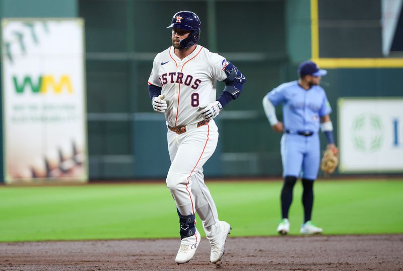Apr 23, 2025; Houston, Texas, USA; Houston Astros first baseman Christian Walker (8) rounds the bases after hitting a home run against the Toronto Blue Jays in the second inning at Daikin Park. Mandatory Credit: Thomas Shea-Imagn Images
