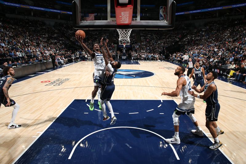 MINNEAPOLIS, MN -  OCTOBER 29: Anthony Edwards #5 of the Minnesota Timberwolves shoots the ball during the game =against the Dallas Mavericks on October 29, 2024 at Target Center in Minneapolis, Minnesota. NOTE TO USER: User expressly acknowledges and agrees that, by downloading and or using this Photograph, user is consenting to the terms and conditions of the Getty Images License Agreement. Mandatory Copyright Notice: Copyright 2024 NBAE (Photo by David Sherman/NBAE via Getty Images)