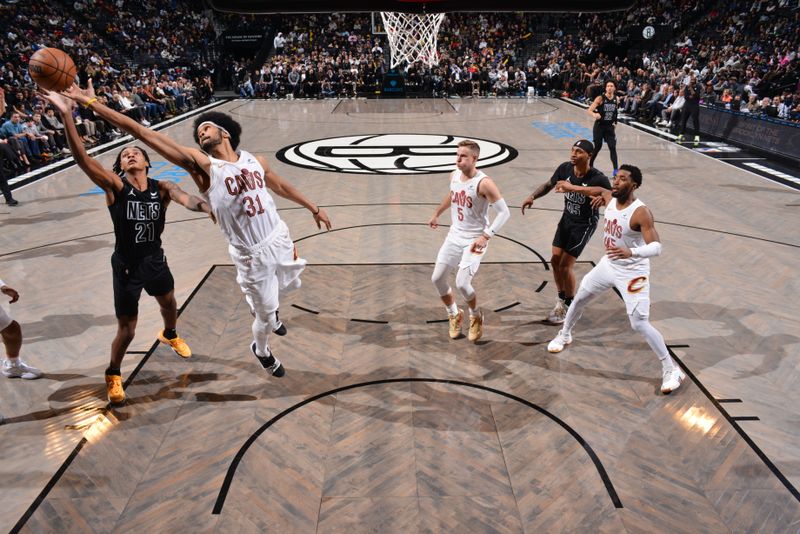 BROOKLYN, NY - FEBRUARY 8: Jarrett Allen #31 of the Cleveland Cavaliers rebounds the ball during the game against the Brooklyn Nets on February 8, 2024 at Barclays Center in Brooklyn, New York. NOTE TO USER: User expressly acknowledges and agrees that, by downloading and or using this Photograph, user is consenting to the terms and conditions of the Getty Images License Agreement. Mandatory Copyright Notice: Copyright 2024 NBAE (Photo by Jesse D. Garrabrant/NBAE via Getty Images)