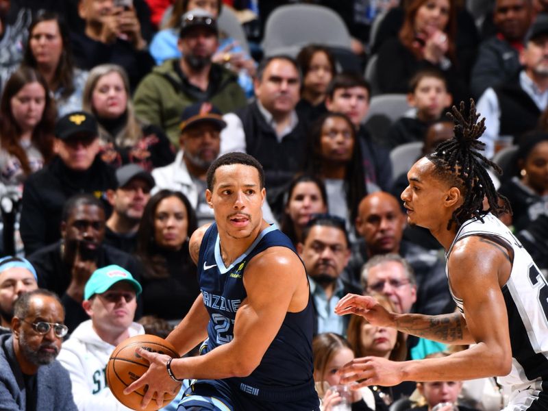 SAN ANTONIO, TX - JANUARY 17: Desmond Bane #22 of the Memphis Grizzlies handles the ball during the game against the San Antonio Spurs on January 17, 2025 at the Frost Bank Center in San Antonio, Texas. NOTE TO USER: User expressly acknowledges and agrees that, by downloading and or using this photograph, user is consenting to the terms and conditions of the Getty Images License Agreement. Mandatory Copyright Notice: Copyright 2025 NBAE (Photos by Barry Gossage/NBAE via Getty Images)