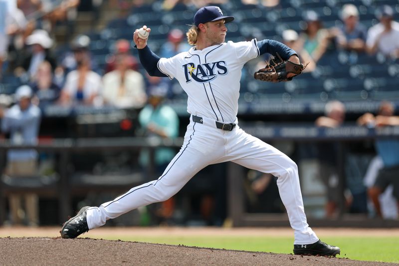 Sep 18, 2025; Tampa, Florida, USA; Tampa Bay Rays starting pitcher Shane Baz (11) throws a pitch against the Toronto Blue Jays in the first inning at George M. Steinbrenner Field. Mandatory Credit: Nathan Ray Seebeck-Imagn Images