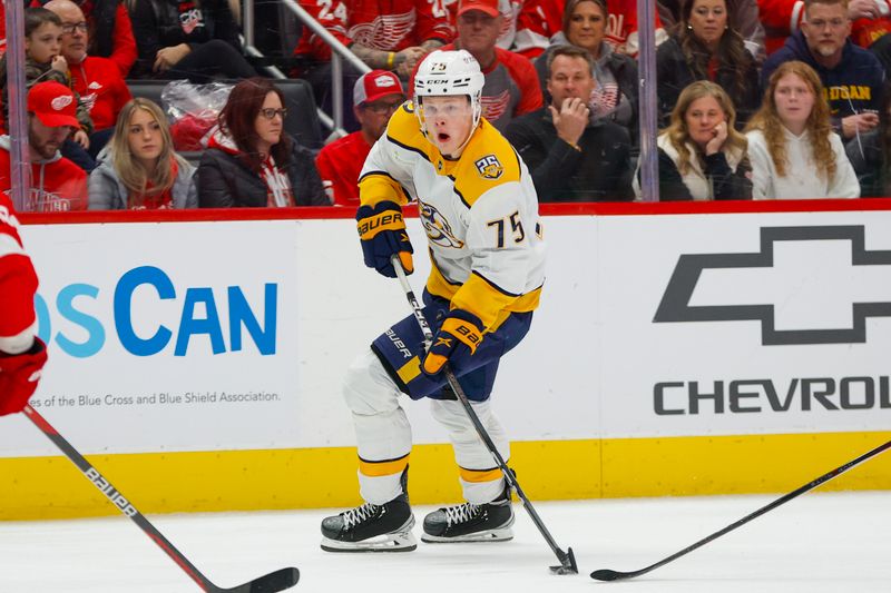 Dec 29, 2023; Detroit, Michigan, USA; Nashville Predators center Juuso Parssinen (75) handles the puck during the first of the game between the Nashville Predators and the Detroit Red Wings at Little Caesars Arena. Mandatory Credit: Brian Bradshaw Sevald-USA TODAY Sports