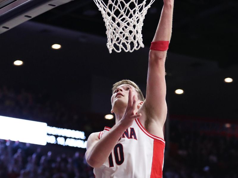 Feb 2, 2023; Tucson, Arizona, USA; Arizona Wildcats forward Azuolas Tubelis (10) makes a basket against the Oregon Ducks in the second half at McKale Center. Mandatory Credit: Zachary BonDurant-USA TODAY Sports