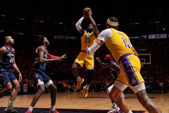 PHILADELPHIA, PA - NOVEMBER 27: LeBron James #23 of the Los Angeles Lakers shoots the ball during the game against the Philadelphia 76ers on November 27, 2023 at the Wells Fargo Center in Philadelphia, Pennsylvania NOTE TO USER: User expressly acknowledges and agrees that, by downloading and/or using this Photograph, user is consenting to the terms and conditions of the Getty Images License Agreement. Mandatory Copyright Notice: Copyright 2023 NBAE (Photo by Jesse D. Garrabrant/NBAE via Getty Images)