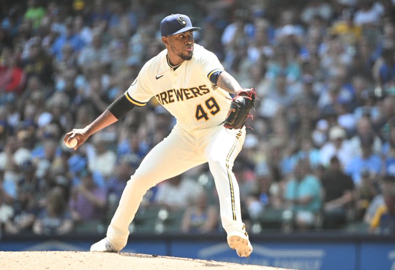 Jun 21, 2023; Milwaukee, Wisconsin, USA; Milwaukee Brewers starting pitcher Julio Teheran (49) delivers a pitch against the Arizona Diamondbacks in the fifth inning at American Family Field. Mandatory Credit: Michael McLoone-USA TODAY Sports