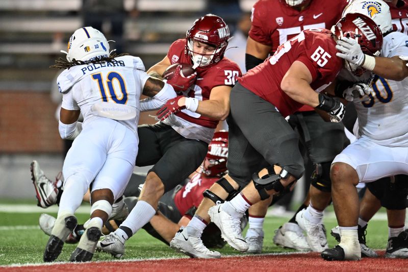 Sep 20, 2024; Pullman, Washington, USA; Washington State Cougars running back Dylan Paine (30) carries the ball for a touchdown against San Jose State Spartans linebacker Jordan Pollard (10) in the second at Gesa Field at Martin Stadium. Washington State Cougars won 54-52 in double overtime. Mandatory Credit: James Snook-Imagn Images