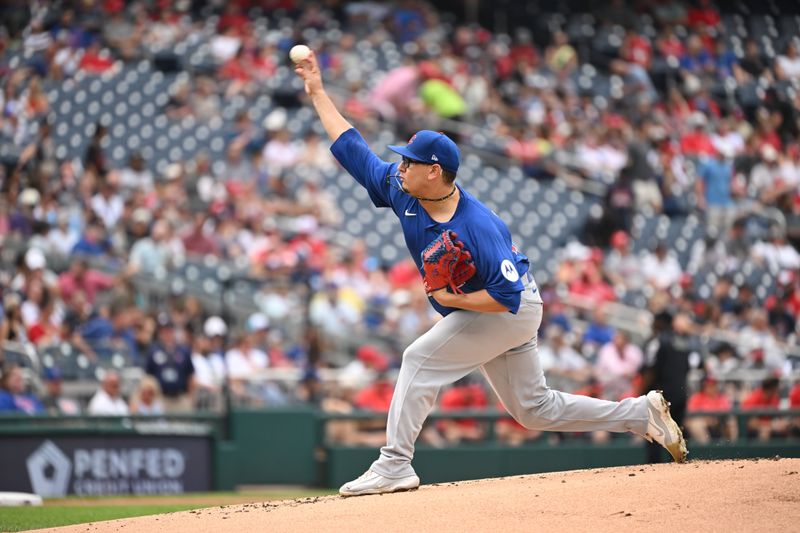 Aug 31, 2024; Washington, District of Columbia, USA; Chicago Cubs starting pitcher Javier Assad (72) throws a pitch against the Washington Nationals during the first inning at Nationals Park. Mandatory Credit: Rafael Suanes-USA TODAY Sports