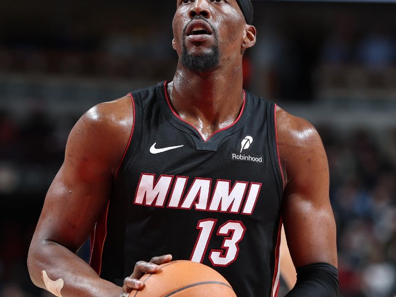 CHICAGO, IL - FEBRUARY 4:  Bam Adebayo #13 of the Miami Heat shoots a free throw during the game against the Chicago Bulls on February 4 2025 at United Center in Chicago, Illinois. NOTE TO USER: User expressly acknowledges and agrees that, by downloading and or using this photograph, User is consenting to the terms and conditions of the Getty Images License Agreement. Mandatory Copyright Notice: Copyright 2025 NBAE (Photo by Jeff Haynes/NBAE via Getty Images)