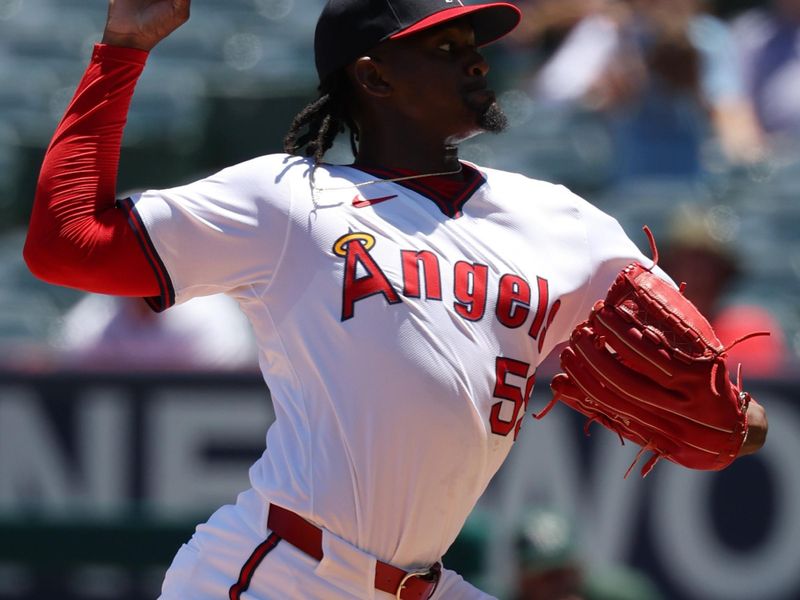 Jul 28, 2024; Anaheim, California, USA;  Los Angeles Angels starting pitcher Jose Soriano (59) pitches during the first inning against the Oakland Athletics at Angel Stadium. Mandatory Credit: Kiyoshi Mio-USA TODAY Sports