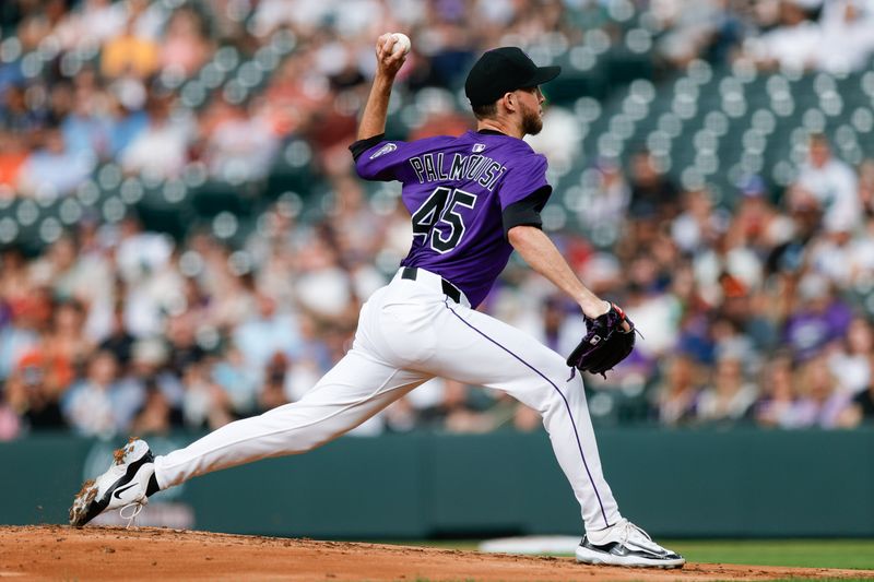 Jun 10, 2025; Denver, Colorado, USA; Colorado Rockies starting pitcher Carson Palmquist (45) pitches in the second inning against the San Francisco Giants at Coors Field. Mandatory Credit: Isaiah J. Downing-Imagn Images