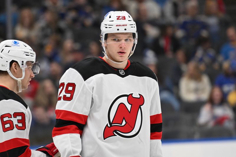 Feb 28, 2026; St. Louis, Missouri, USA; New Jersey Devils right wing Lenni Hameenaho (29) looks on during a game against the St. Louis Blues in the second period at Enterprise Center. Mandatory Credit: Joe Puetz-Imagn Images