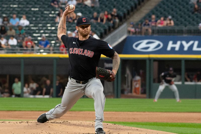 Sep 10, 2024; Chicago, Illinois, USA;  Cleveland Guardians pitcher Ben Lively (39) throws a pitch against the Chicago White Sox during the first inning at Guaranteed Rate Field. Mandatory Credit: Matt Marton-Imagn Images