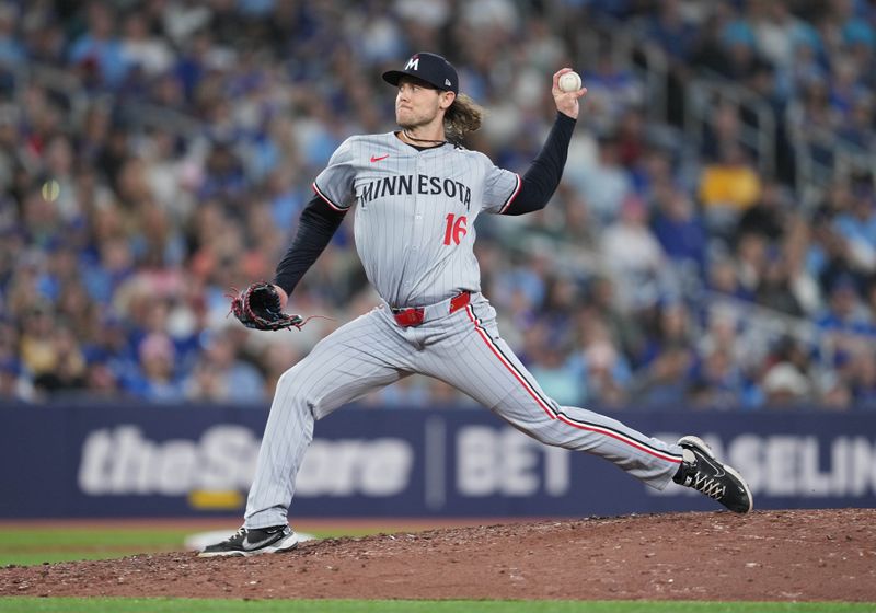 May 11, 2024; Toronto, Ontario, CAN; Minnesota Twins relief pitcher Steven Okert (16) throws a pitch against the Toronto Blue Jays during the sixth inning at Rogers Centre. Mandatory Credit: Nick Turchiaro-USA TODAY Sports