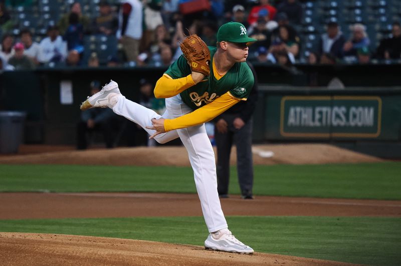 Sep 25, 2024; Oakland, California, USA; Oakland Athletics starting pitcher Brady Basso (66) pitches the ball against the Texas Rangers during the first inning at Oakland-Alameda County Coliseum. Mandatory Credit: Kelley L Cox-Imagn Images