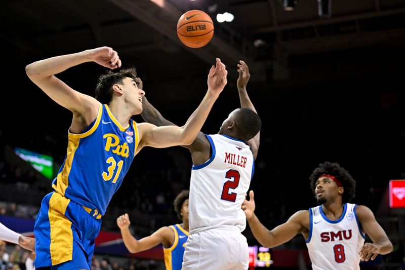 Feb 11, 2025; Dallas, Texas, USA; Pittsburgh Panthers forward Jorge Diaz Graham (31) and Southern Methodist Mustangs guard Boopie Miller (2) battle for the rebound during the first half at Moody Coliseum. Mandatory Credit: Jerome Miron-Imagn Images