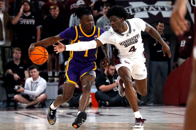 Feb 8, 2023; Starkville, Mississippi, USA; Mississippi State Bulldogs guard/forward Cameron Matthews (4) attempts to steal the ball from LSU Tigers guard Cam Hayes (1) during the second half at Humphrey Coliseum. Mandatory Credit: Petre Thomas-USA TODAY Sports