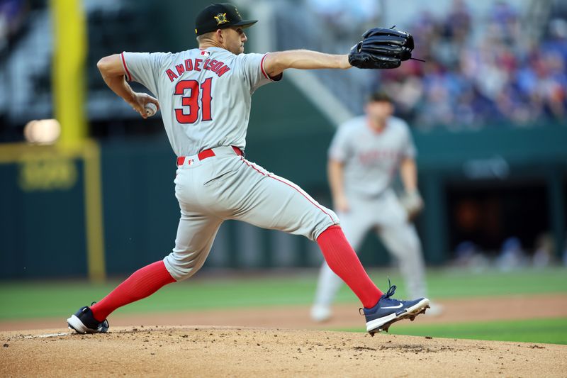 May 17, 2024; Arlington, Texas, USA;  Los Angeles Angels pitcher Tyler Anderson (31) throws a pitch in the first inning against the Texas Rangers at Globe Life Field. Mandatory Credit: Tim Heitman-USA TODAY Sports