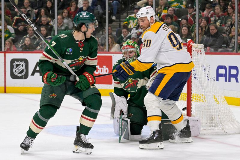 Jan 25, 2024; Saint Paul, Minnesota, USA; Nashville Predators forward Ryan O'Reilly (90), Nashville Predators goalie Filip Gustavsson (32), and Minnesota Wild defenseman Brock Faber (7) react to a score by Nashville Predators defenseman Roman Josi (59) during the third period at Xcel Energy Center. Mandatory Credit: Nick Wosika-USA TODAY Sports