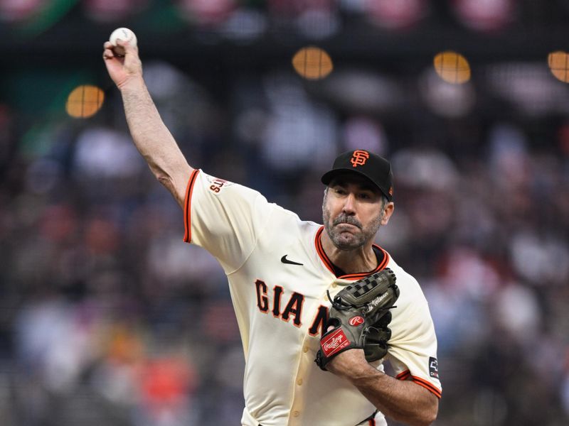 May 1, 2025; San Francisco, California, USA; San Francisco Giants starting pitcher Justin Verlander (35) throws against the Colorado Rockies in the third inning at Oracle Park. Mandatory Credit: Eakin Howard-Imagn Images