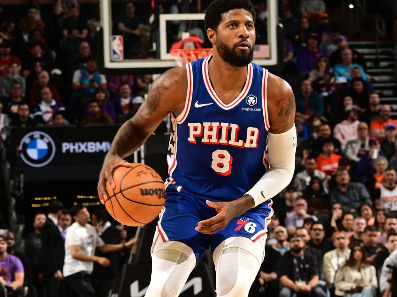 PHOENIX, AZ - NOVEMBER 4: Paul George #8 of the Philadelphia 76ers dribbles the ball during the game against the Phoenix Suns on November 4, 2024 at Footprint Center in Phoenix, Arizona. NOTE TO USER: User expressly acknowledges and agrees that, by downloading and or using this photograph, user is consenting to the terms and conditions of the Getty Images License Agreement. Mandatory Copyright Notice: Copyright 2024 NBAE (Photo by Kate Frese/NBAE via Getty Images)